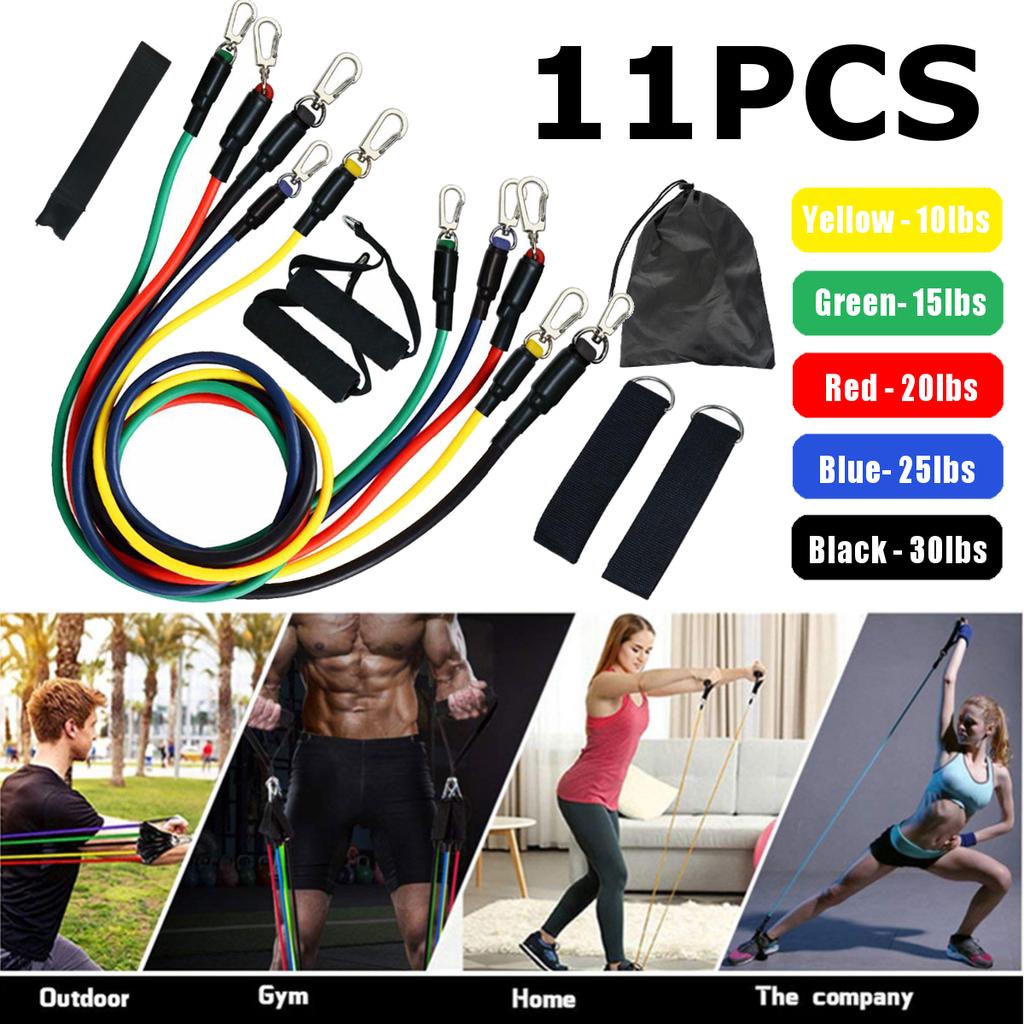 11 Pcs Resistance Band Set Yoga Pilates Abs Exercise Fitness Gym Workout Set With Elastic Tube, Door Anchor, Ankle Straps, And Handles For Weight Loss Or Stretch