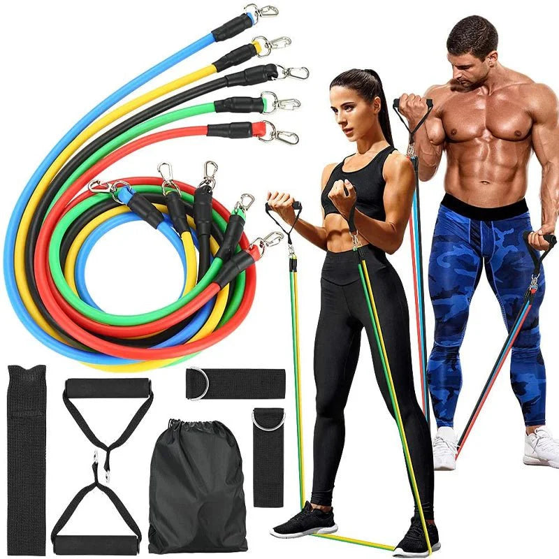 11 Pcs Resistance Band Set Yoga Pilates Abs Exercise Fitness Gym Workout Set With Elastic Tube, Door Anchor, Ankle Straps, And Handles For Weight Loss Or Stretch