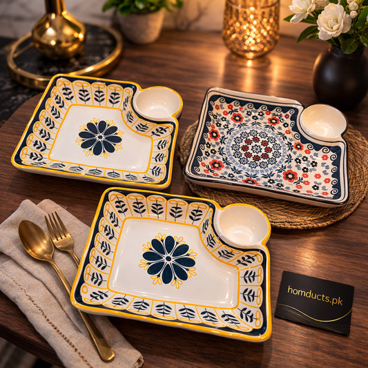 Premium Ceramic Serving Platter with Built-in Dip Bowl – Elegant Sectioned Snack & Appetizer Plate